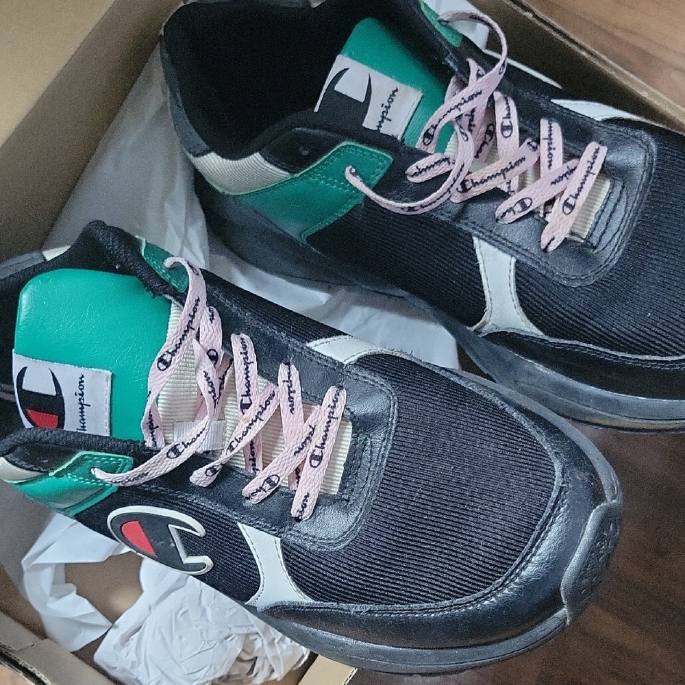 Champion Black and Green Sneakers with Pink Laces